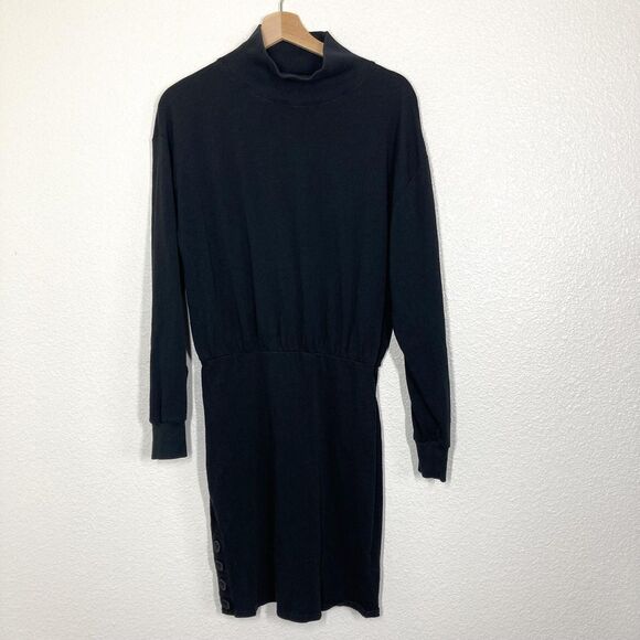 Nation LTD Lisa Dress Small Jet Black Mock Neck Long Sleeve Cotton Button Hem - Picture 2 of 16